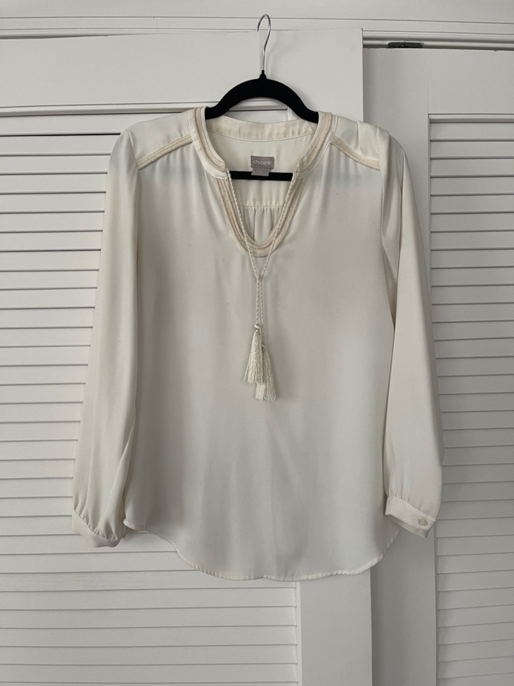 Chico's Ivory Tassel V-Neck Long-Sleeve Blouse